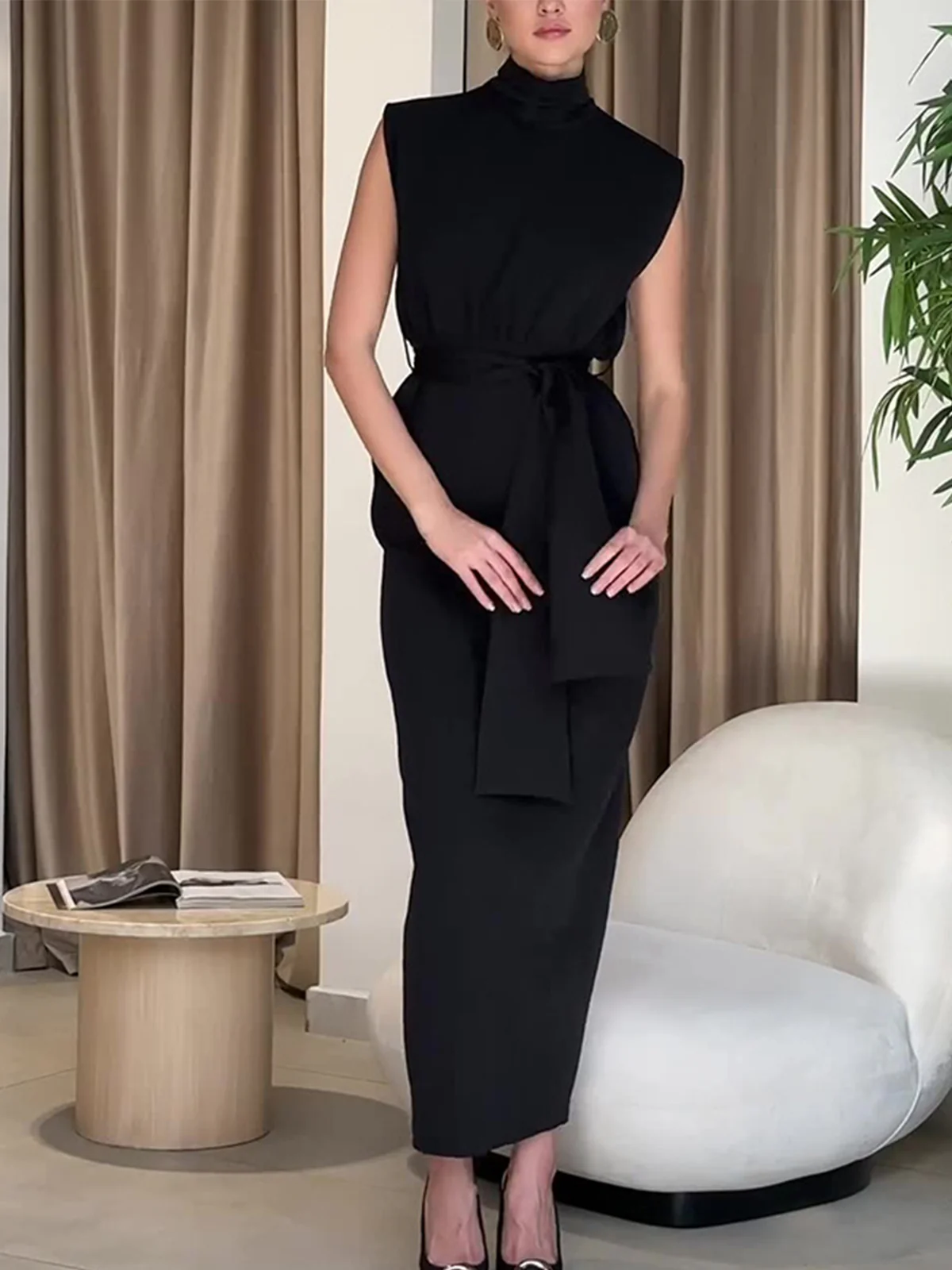 Solid Slit Belted Turtleneck Long Dress - Image 3