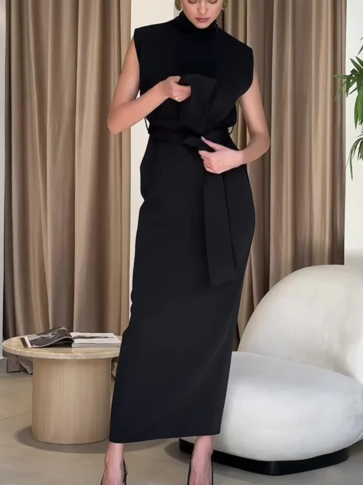 Solid Slit Belted Turtleneck Long Dress - Image 4