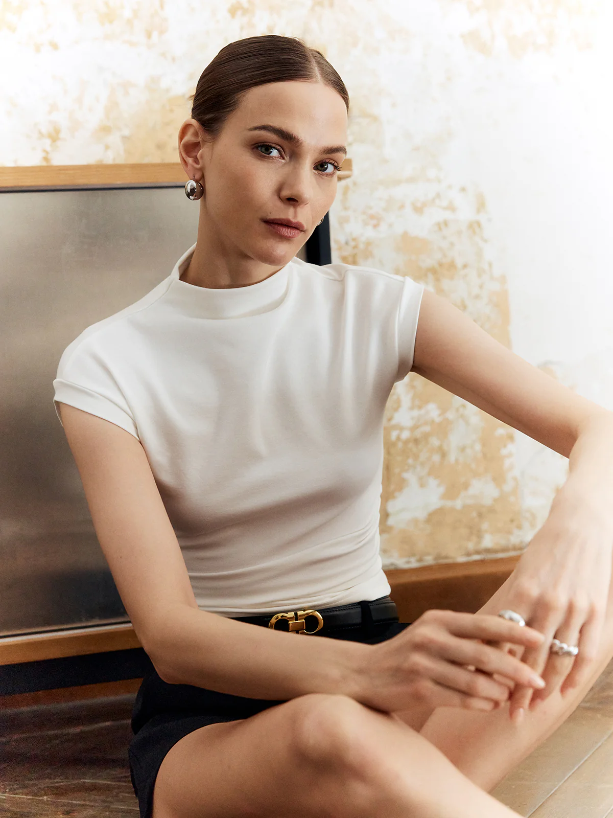 Solid Stand Collar Slim T-Shirt - Image 2