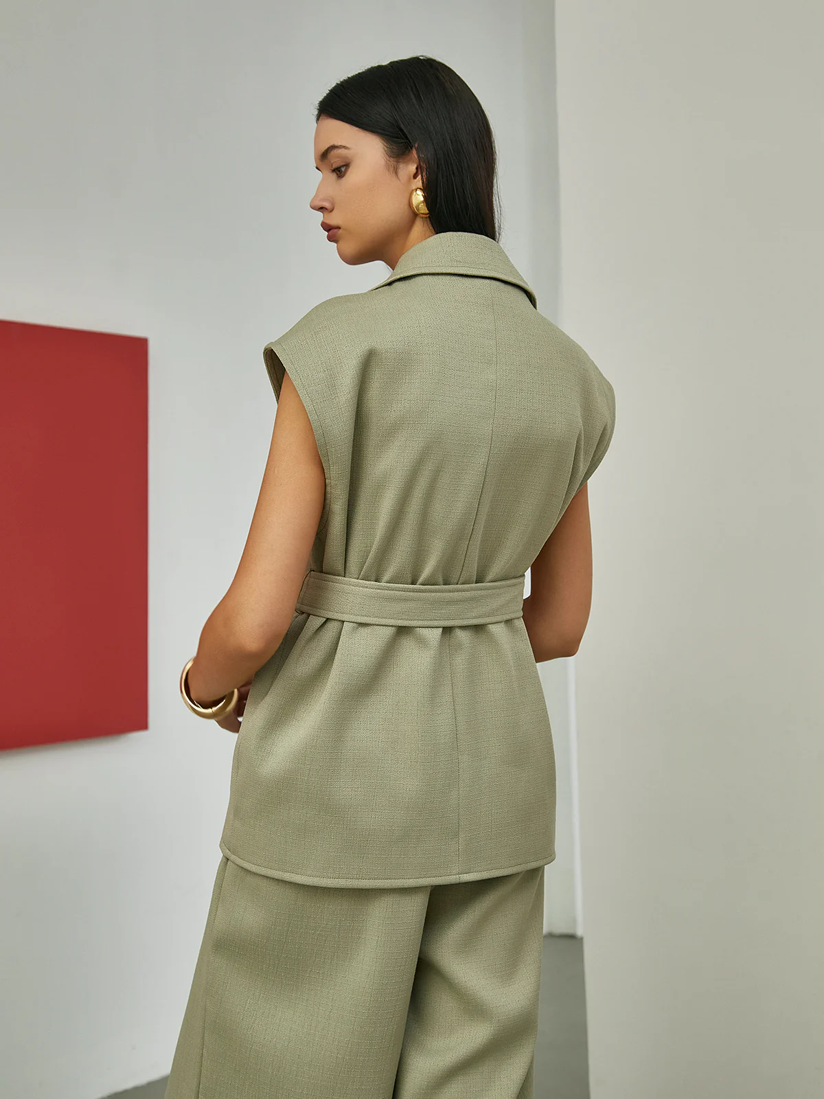 Solid Tailored Belted Vest - Image 5