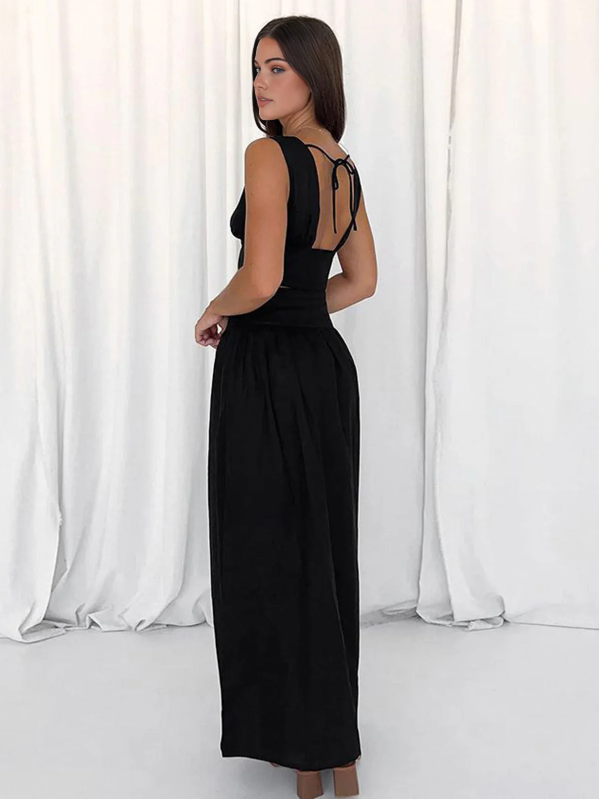 Solid Tie Knot V Neck Skirt Set - Image 3