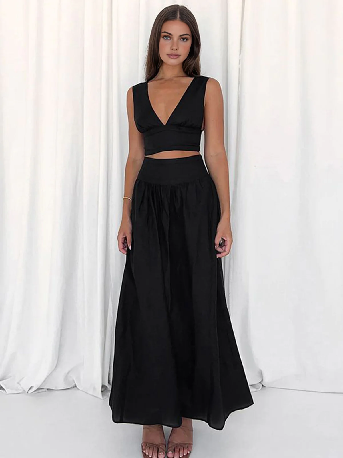 Solid Tie Knot V Neck Skirt Set - Image 4