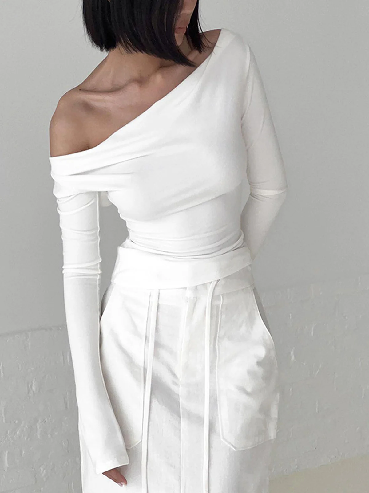 Solid Tied Open Back Long Sleeve Slinky Top - Image 2