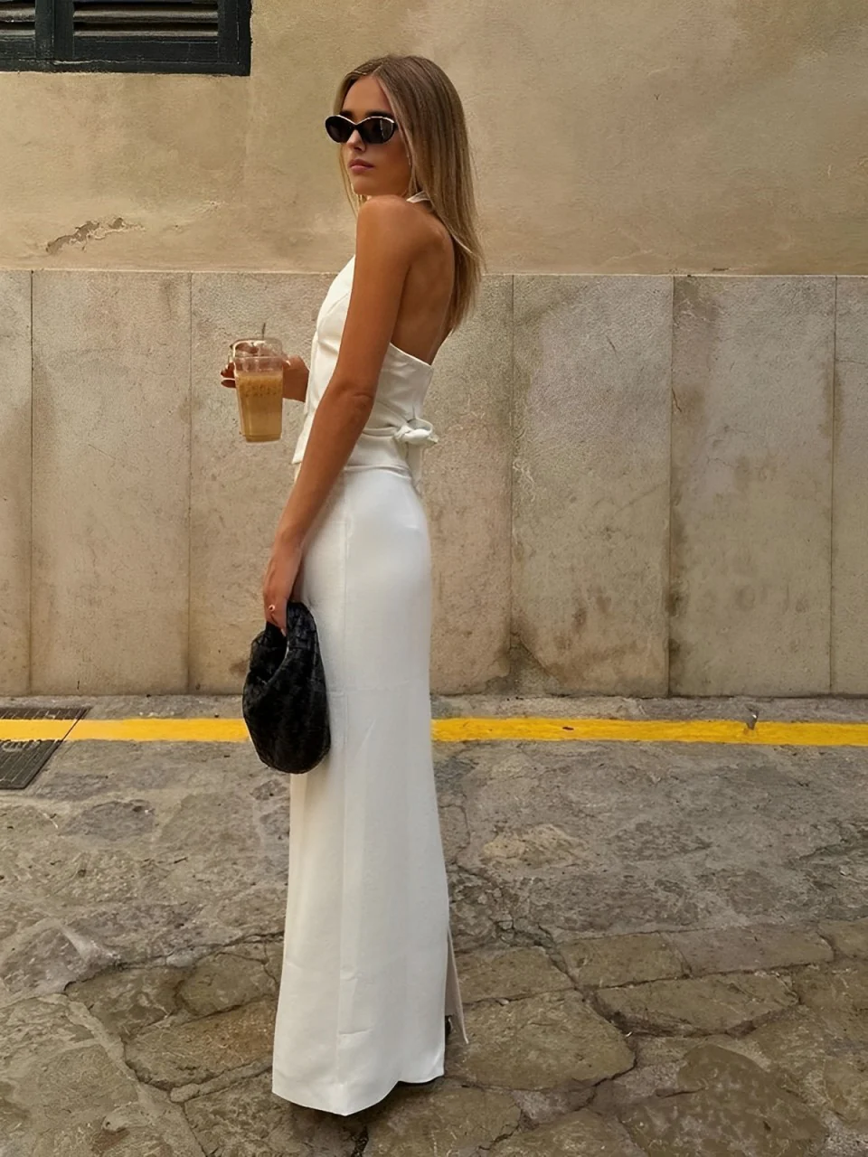 Solid V-Neck Backless Tie Up Halter & Split Maxi Skirt Set - Image 4