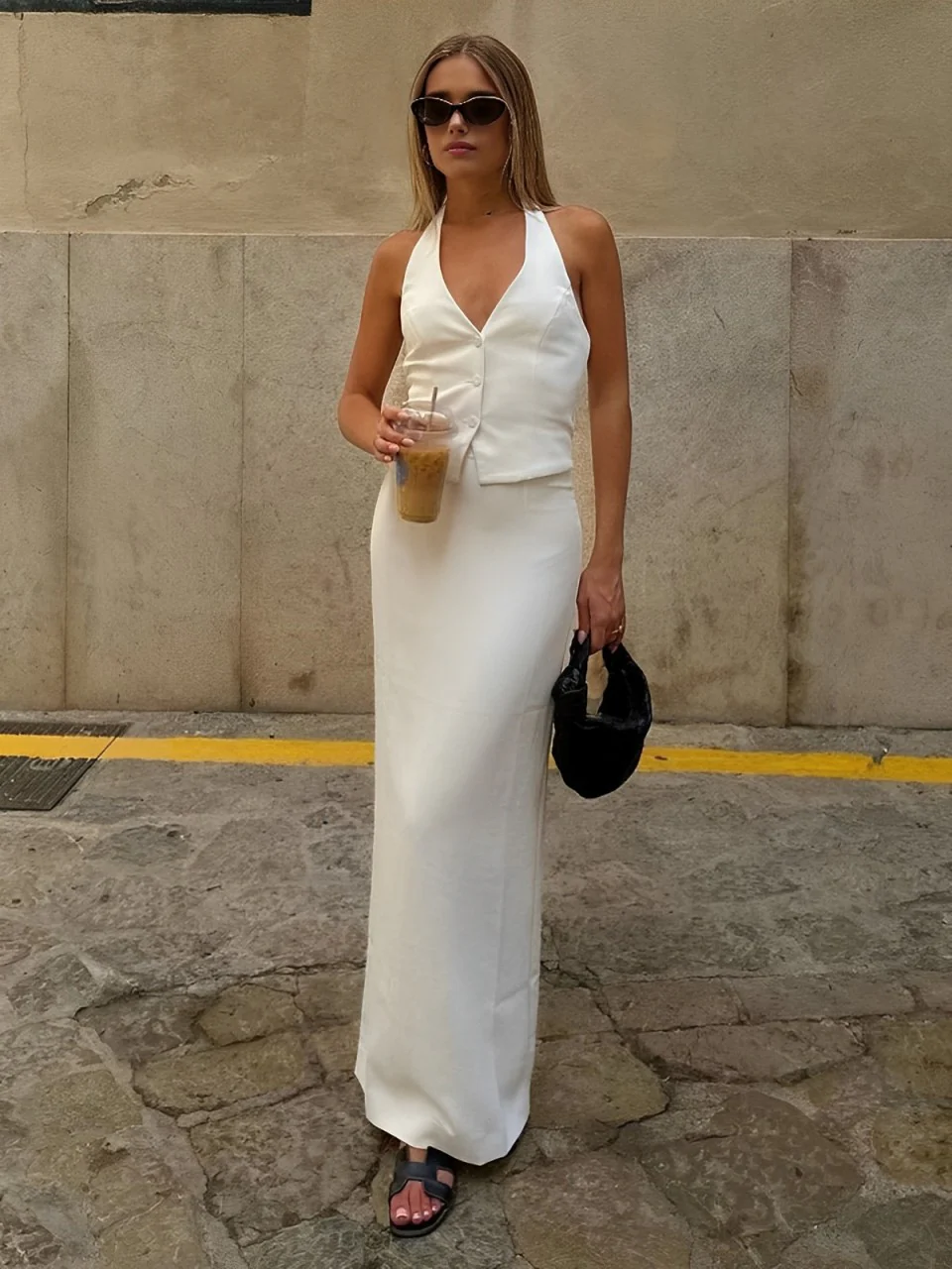 Solid V-Neck Backless Tie Up Halter & Split Maxi Skirt Set - Image 5