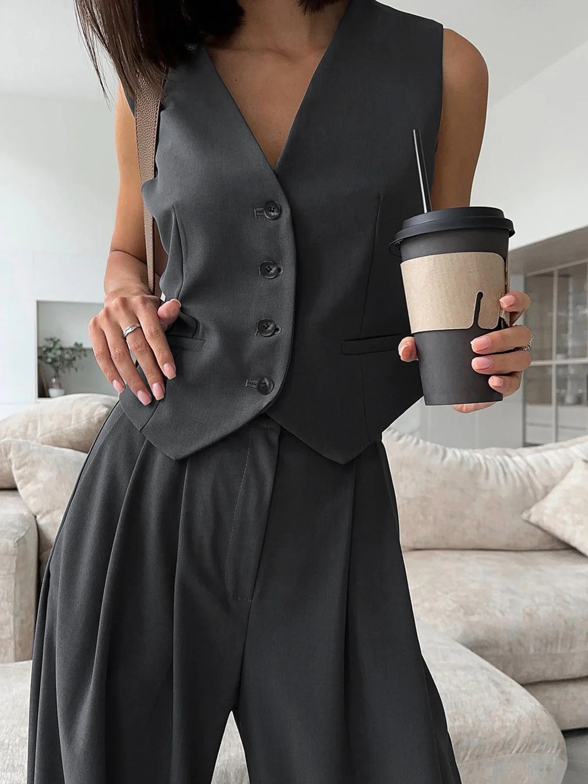 Solid V-Neck Waistcoat With Wide Leg Pants Set - Image 2