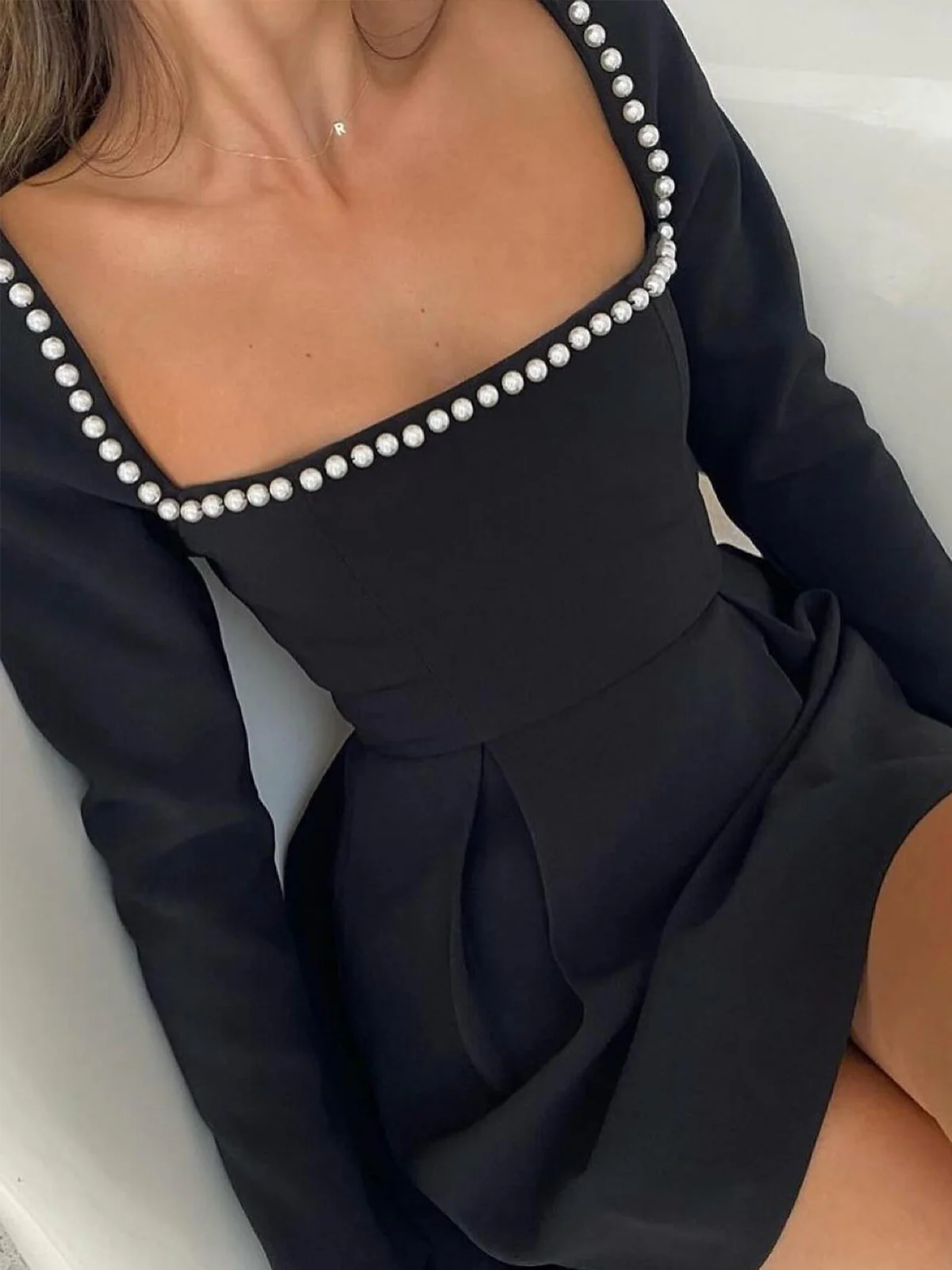 Square Collar Beaded Decor Pleated Dress - Image 3
