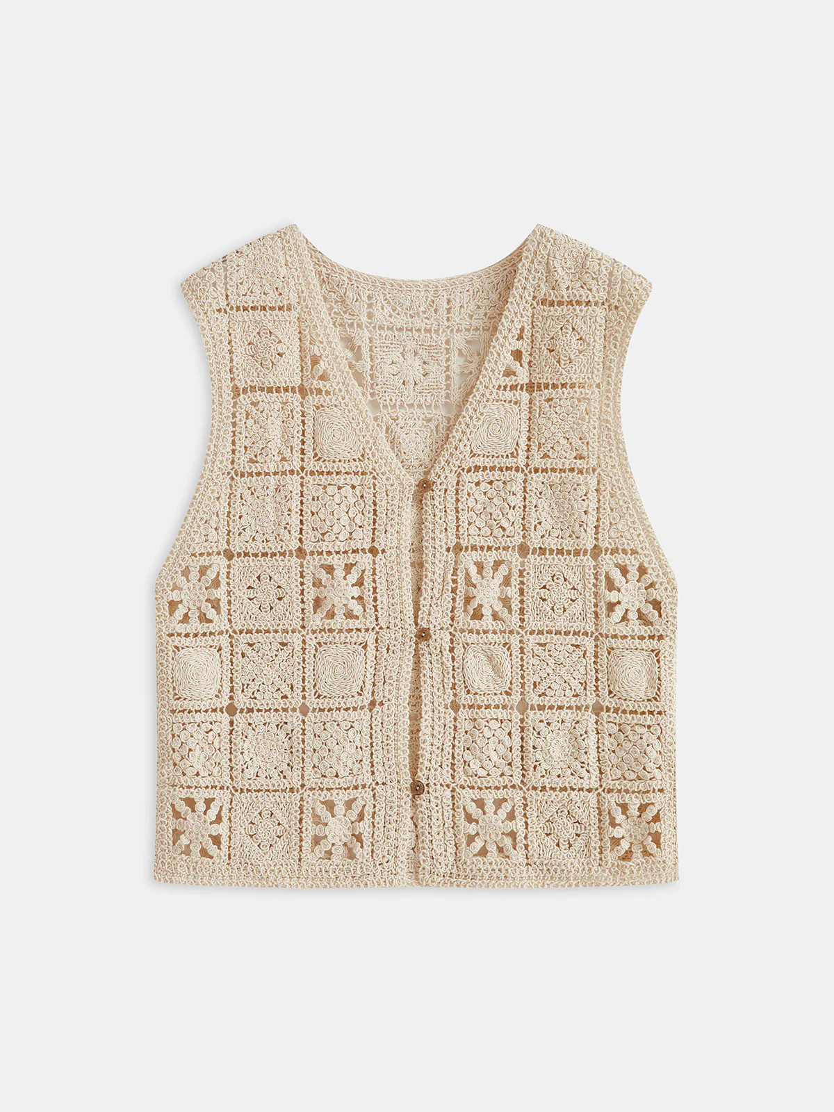 Square Crochet Button-Front Knit Vest