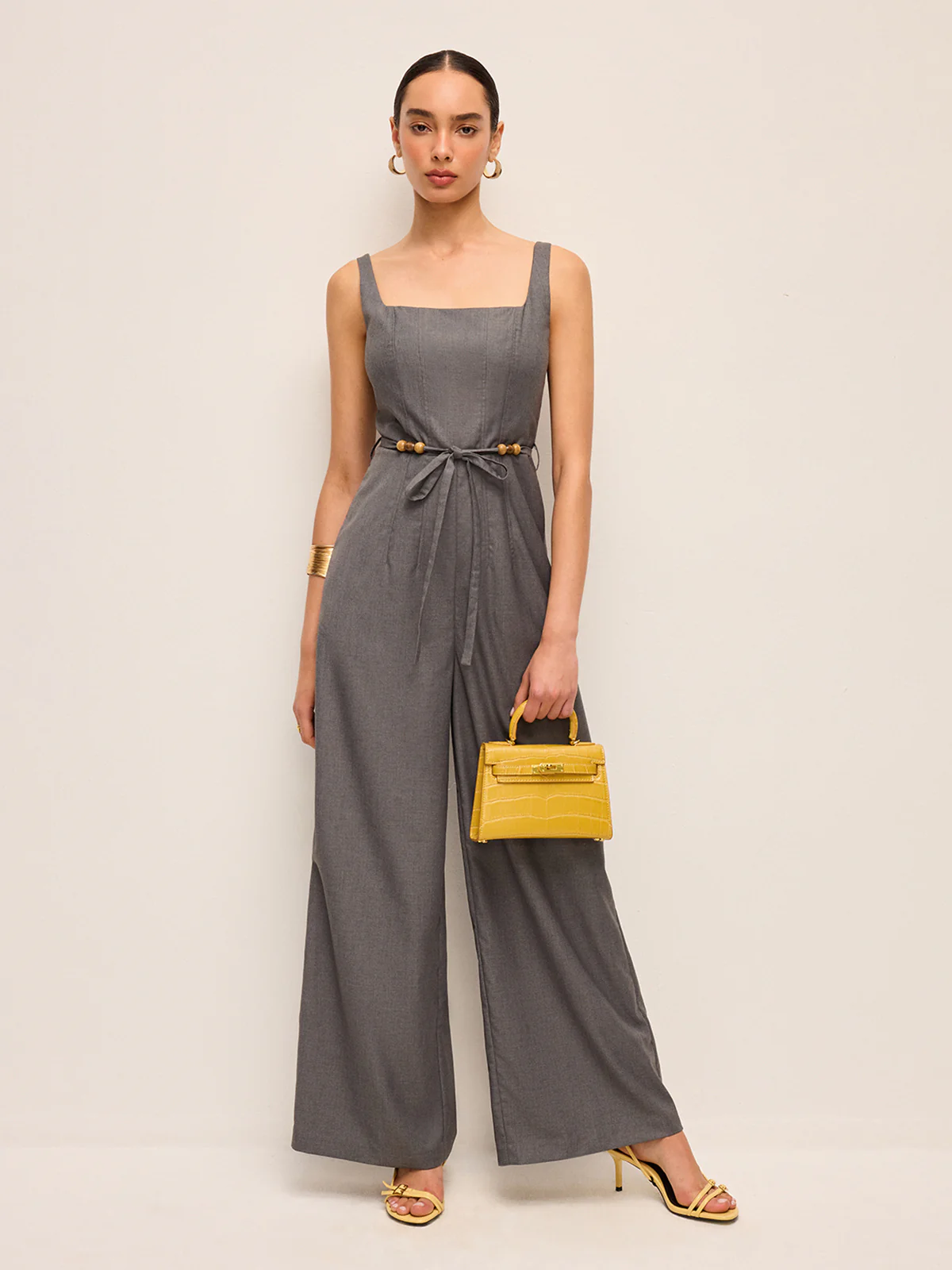 Square Neck Belted Jumpsuit With Beaded Waist Tie - Image 3