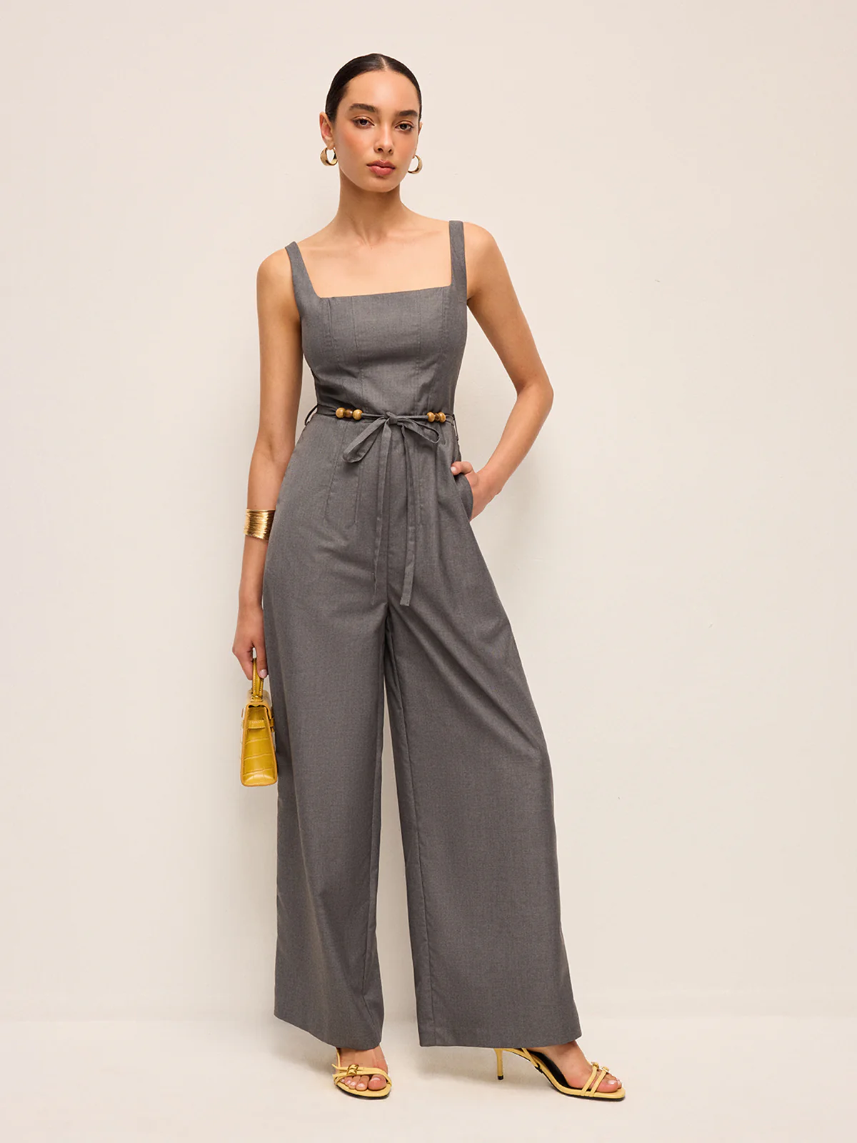 Square Neck Belted Jumpsuit With Beaded Waist Tie - Image 4