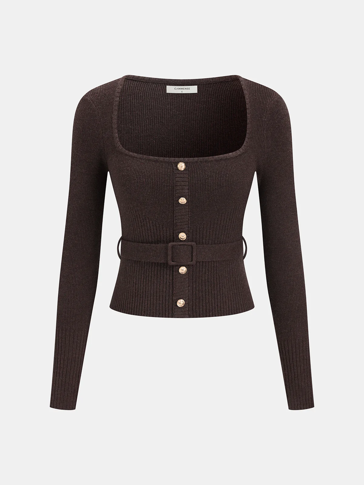 Square Neck Belted Wool-Blend Ribbed Sweater - Image 2