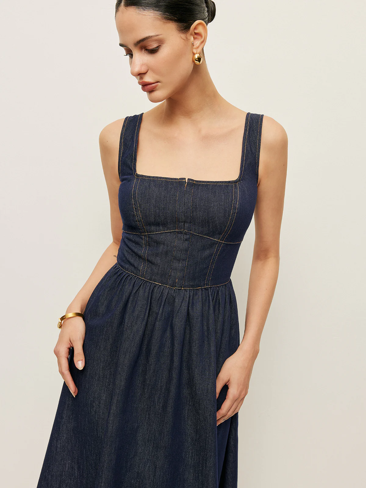 Square Neck Button-Front Denim Dress - Image 3