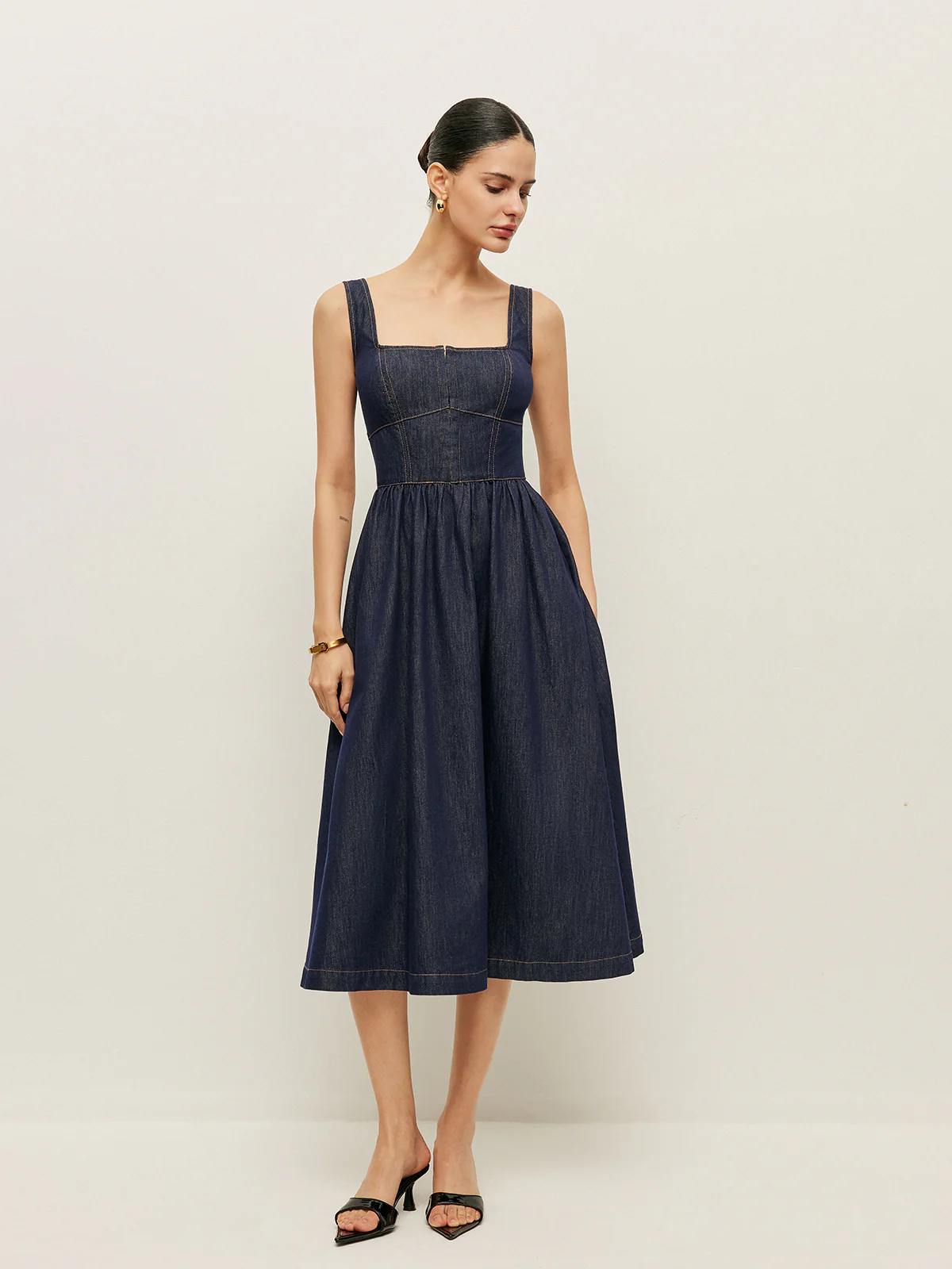 Square Neck Button-Front Denim Dress - Image 4