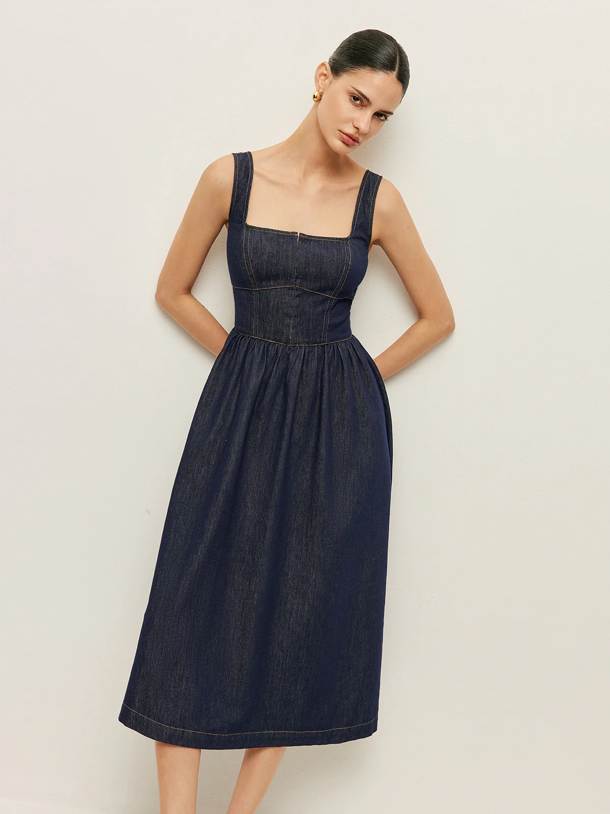 Square Neck Button-Front Denim Dress - Image 5