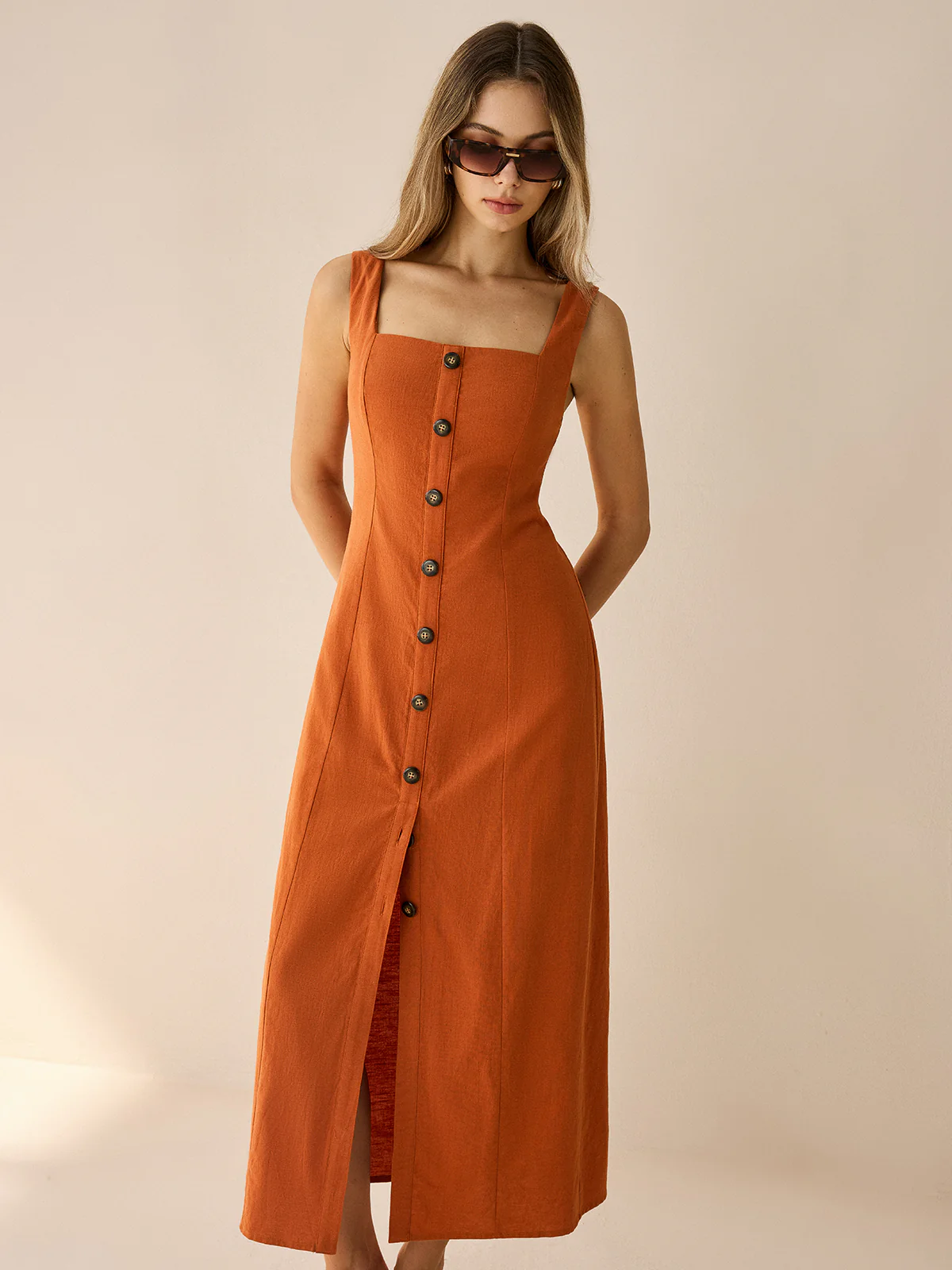 Square-Neck Button-Front Maxi Dress with Slit - Image 2