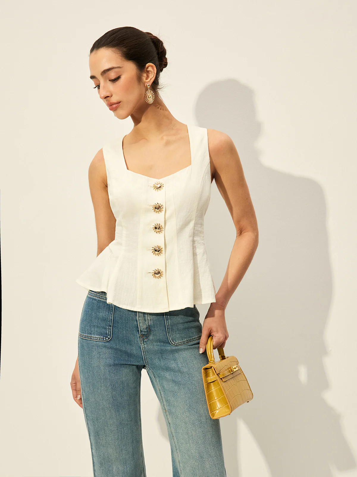 Square Neck Button-Front Peplum Top - Image 5