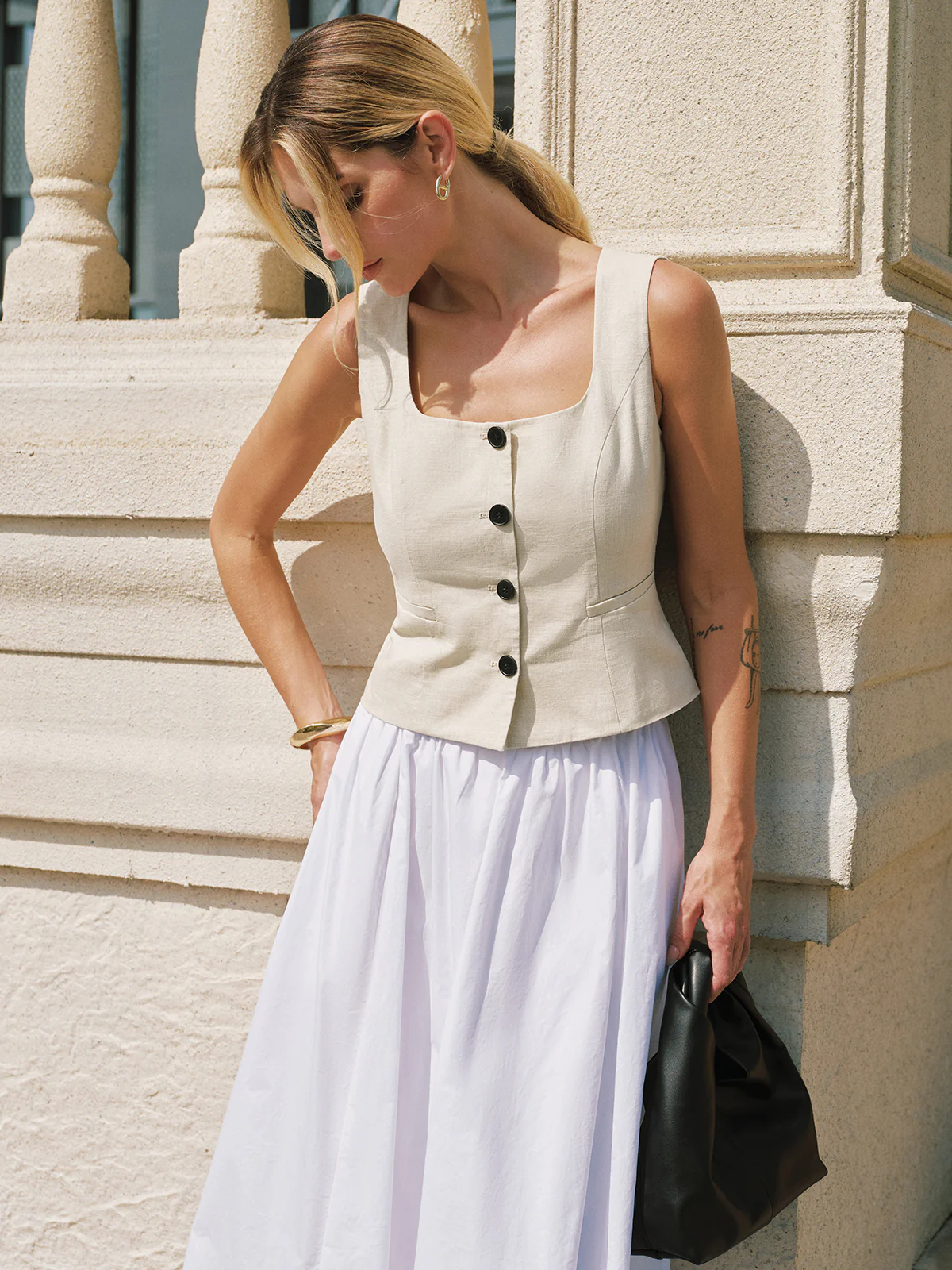 Square Neck Buttoned Vest & Maxi Skirt Set - Image 2