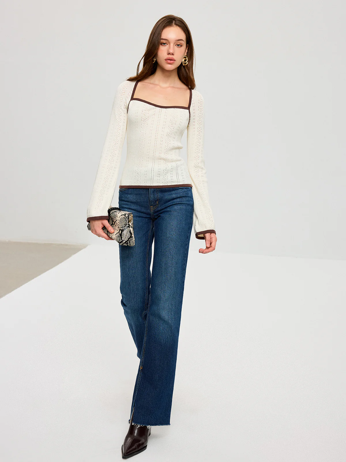 Square Neck Contrast Trim Eyelet Sweater - Image 2