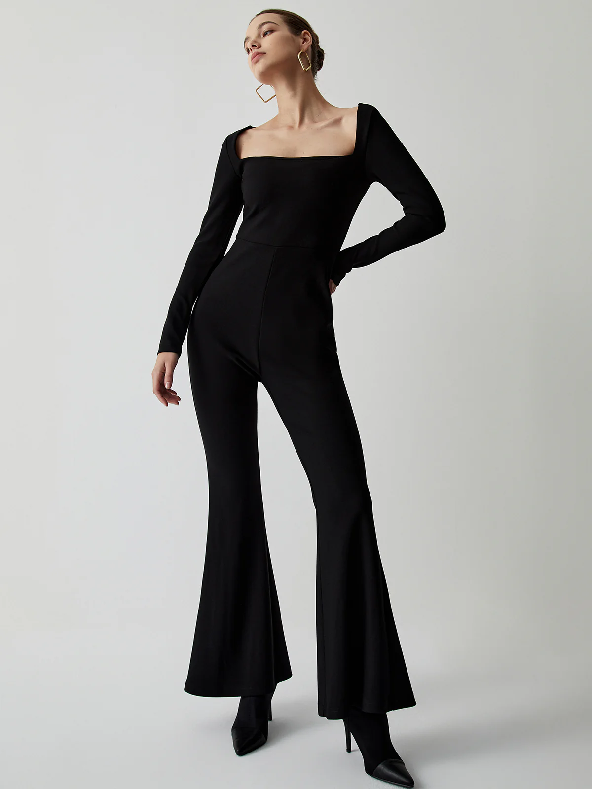 Square Neck Long Sleeve Flare Jumpsuit - Image 3