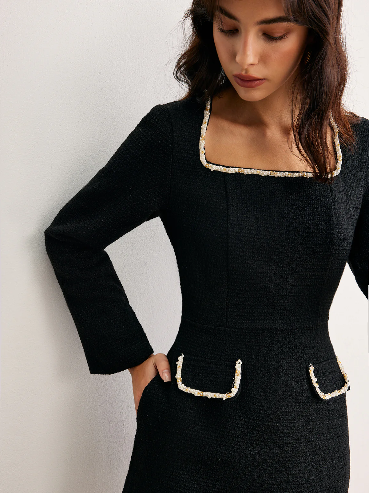 Square Neck Pearl Beaded Dress - Image 6