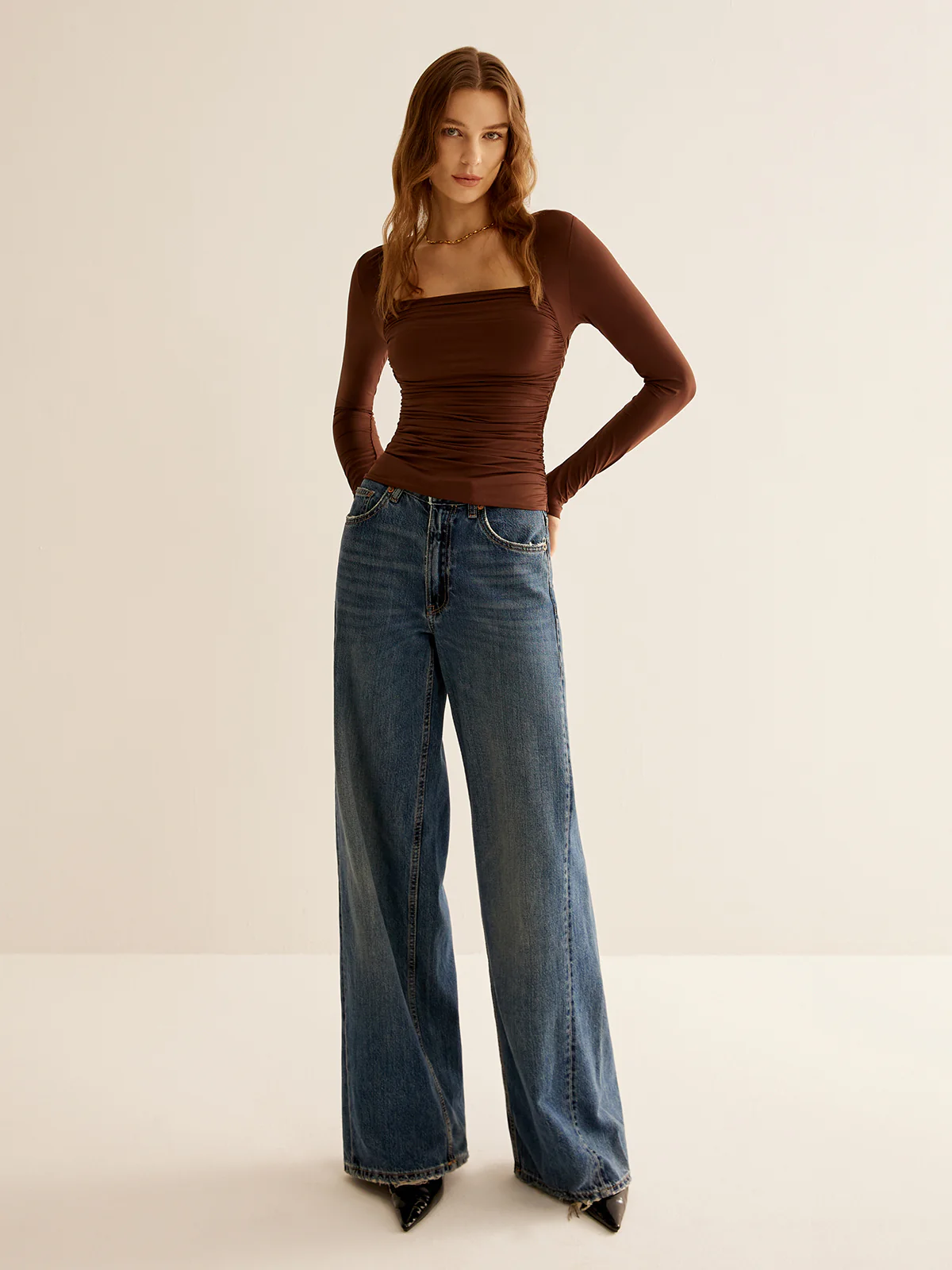 Square Neck Pleated Skinny T-Shirt - Image 2