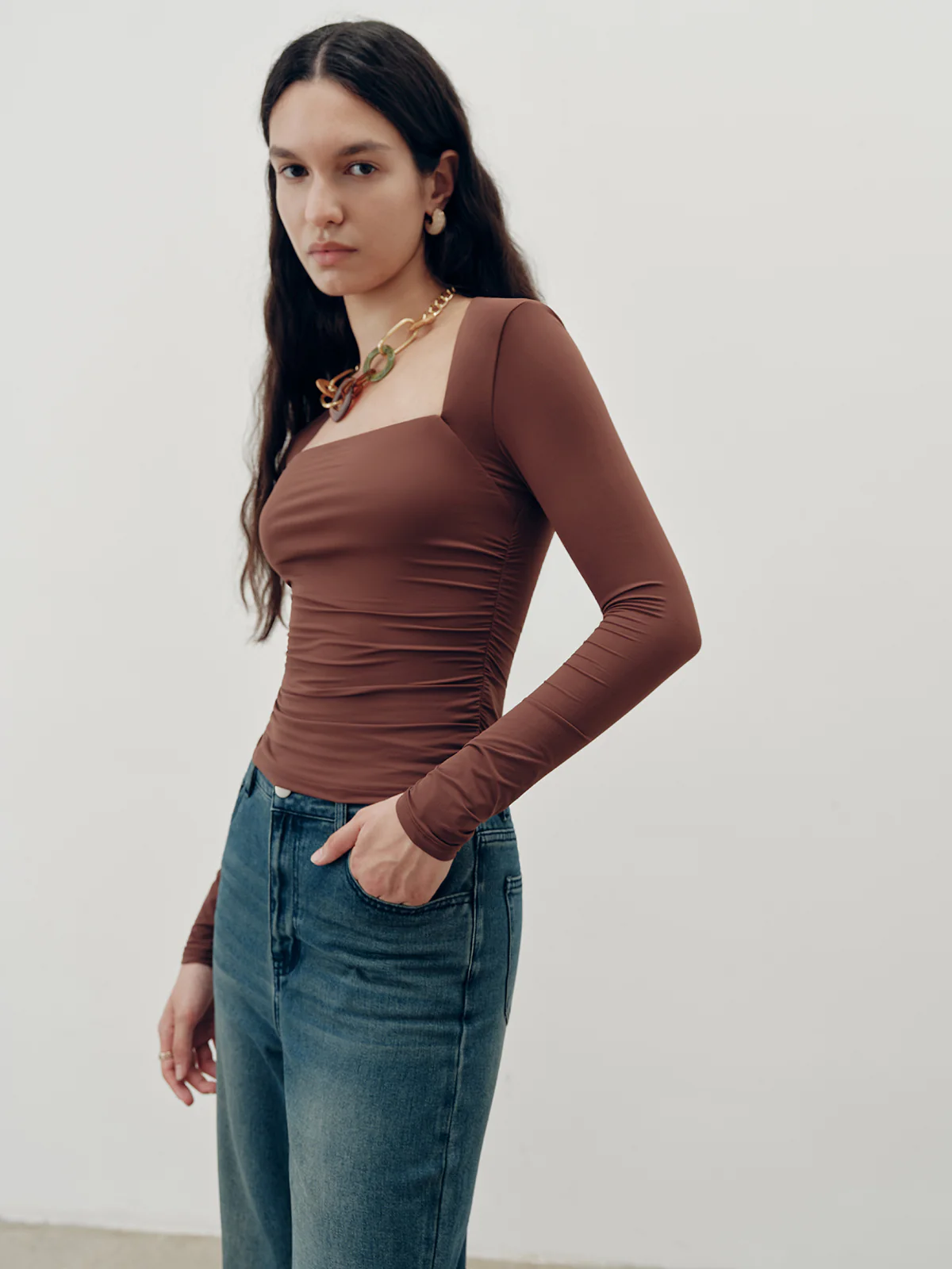Square-Neck Ruched Long Sleeve Top - Image 3