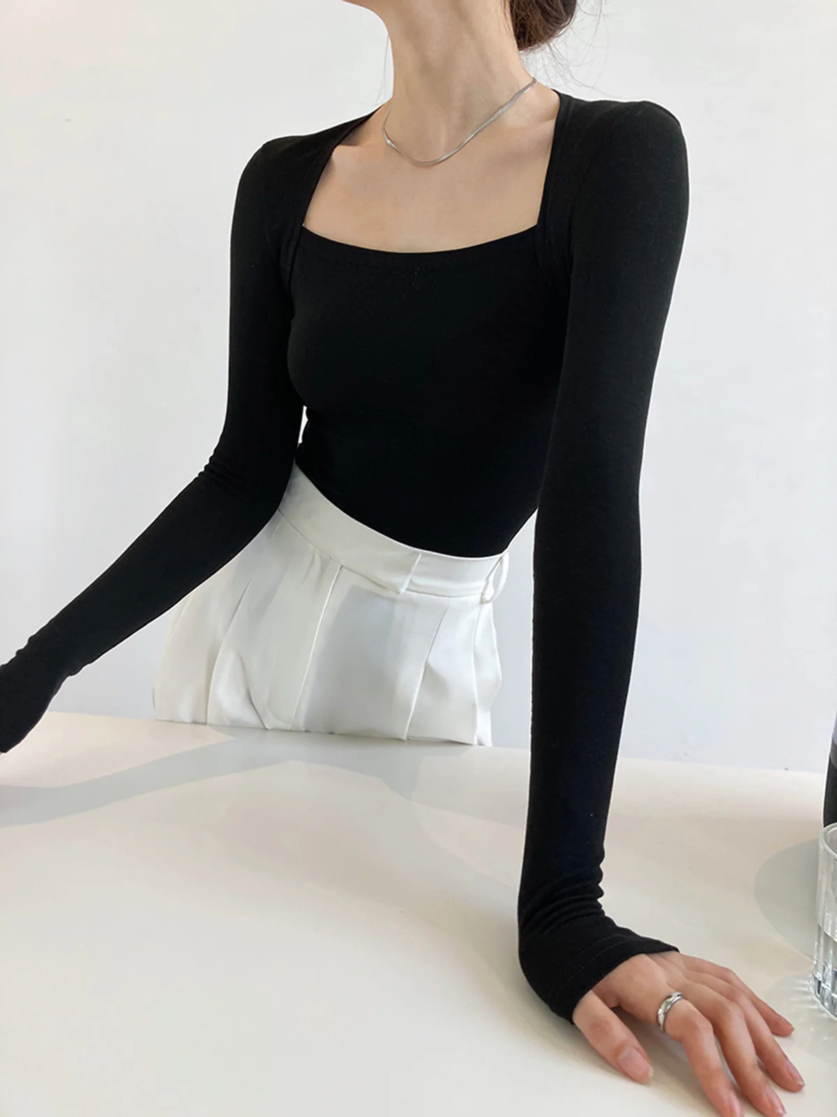 Square Neck Solid Long Sleeve Shirt - Image 3