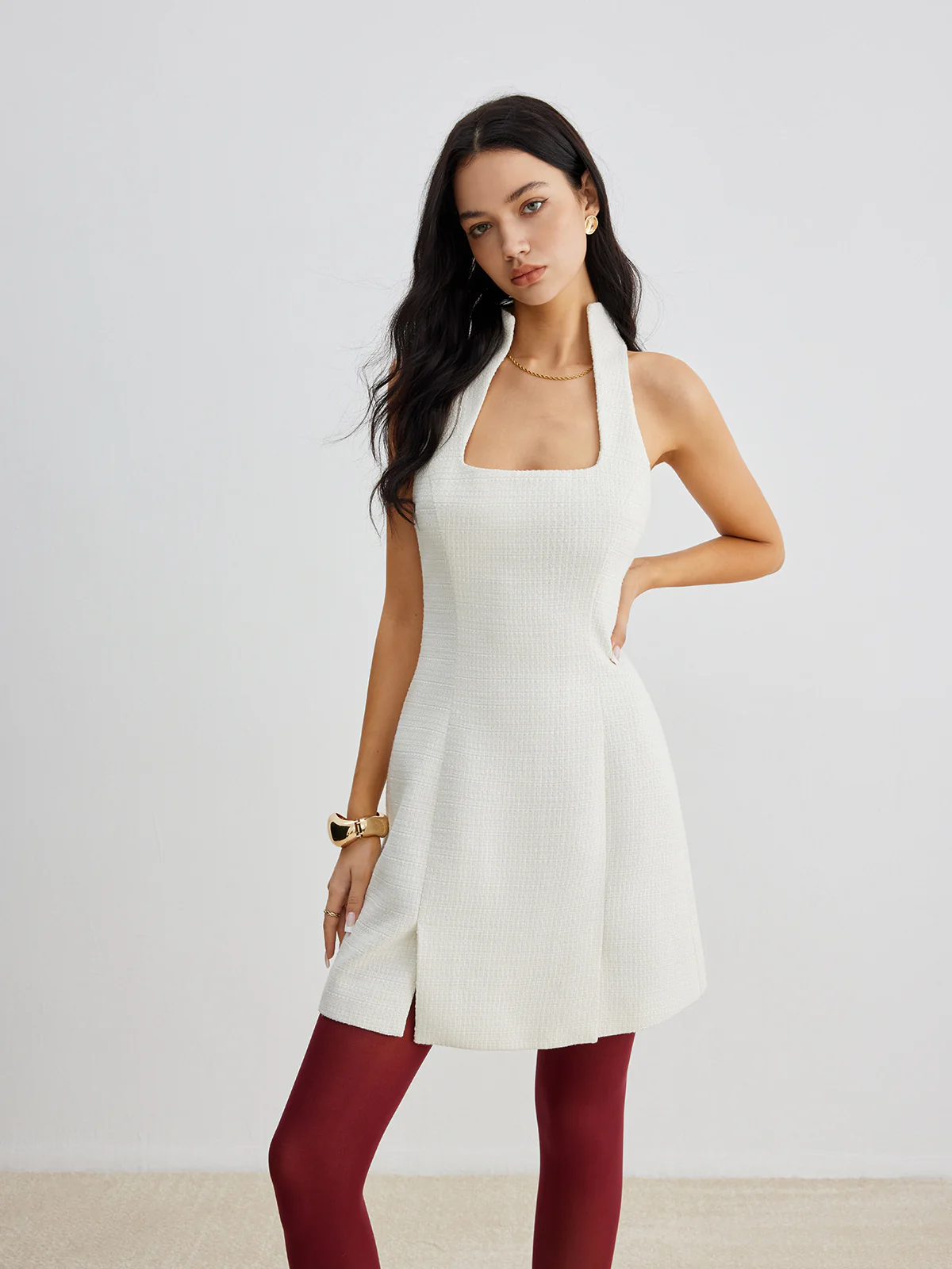 Square Neck Tweed Zipper Dress - Image 5