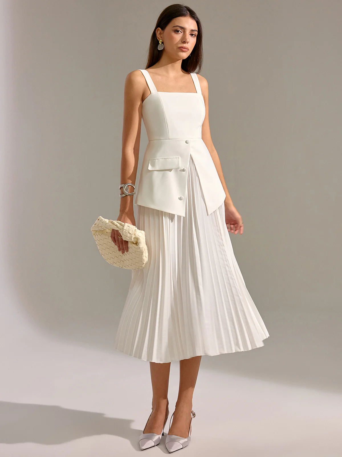 Square Neck Vest Panel Pleated Maxi Dress - Image 2