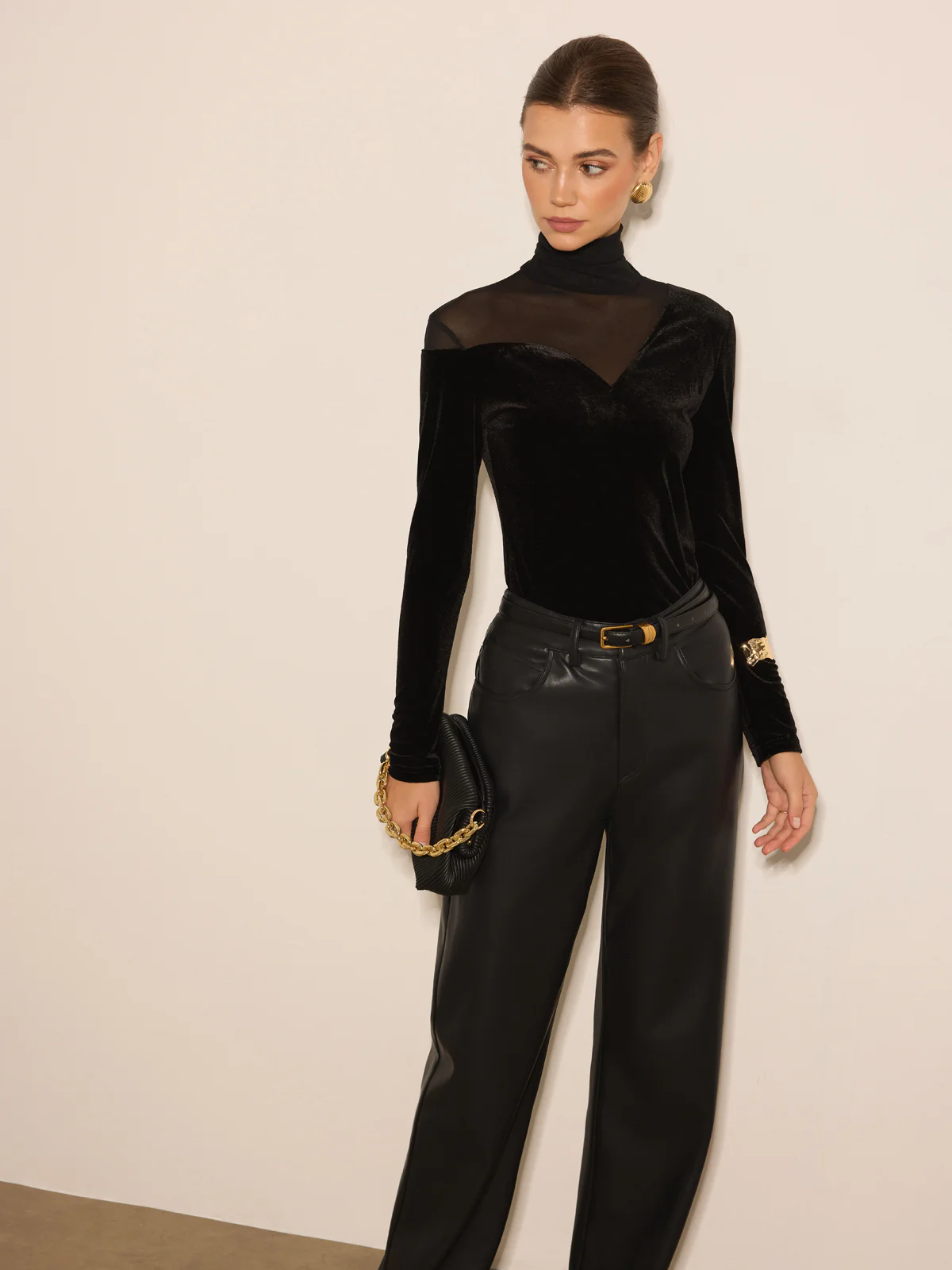 Stacking Neck Sheer-Detail Velvet Blouse - Image 4