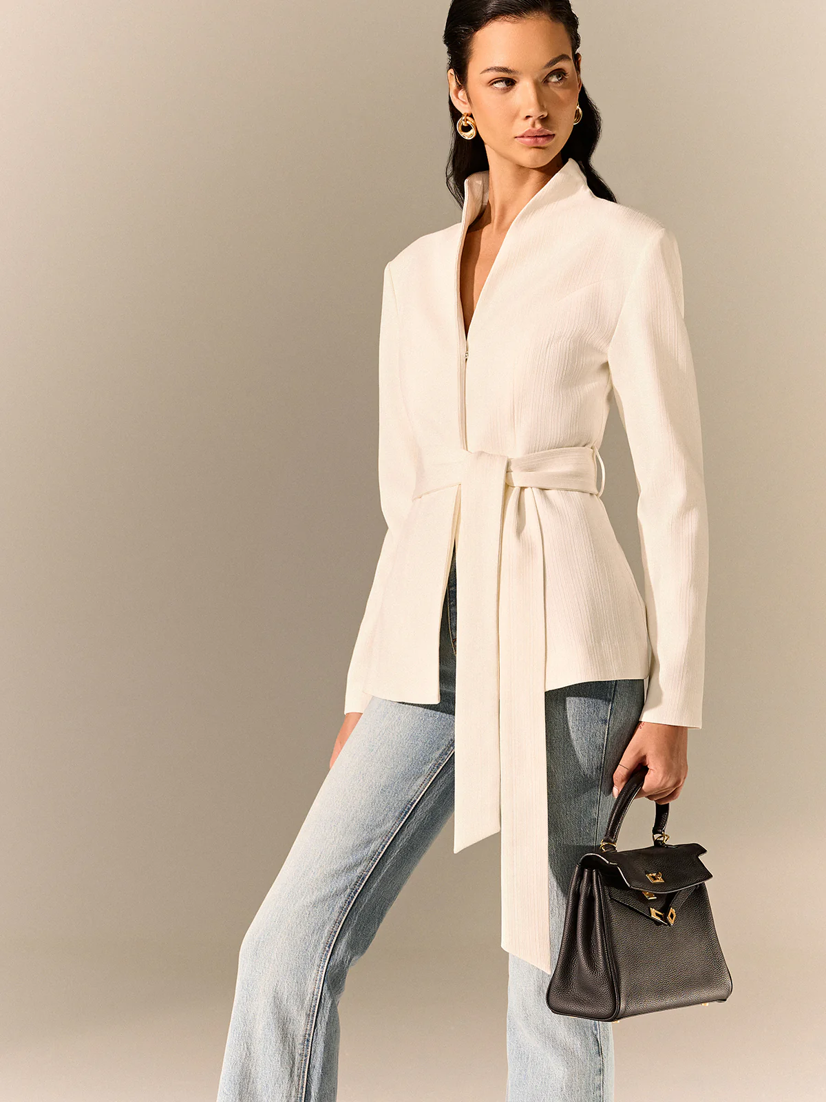 Stand Collar Belted Long Sleeve Blazer - Image 2
