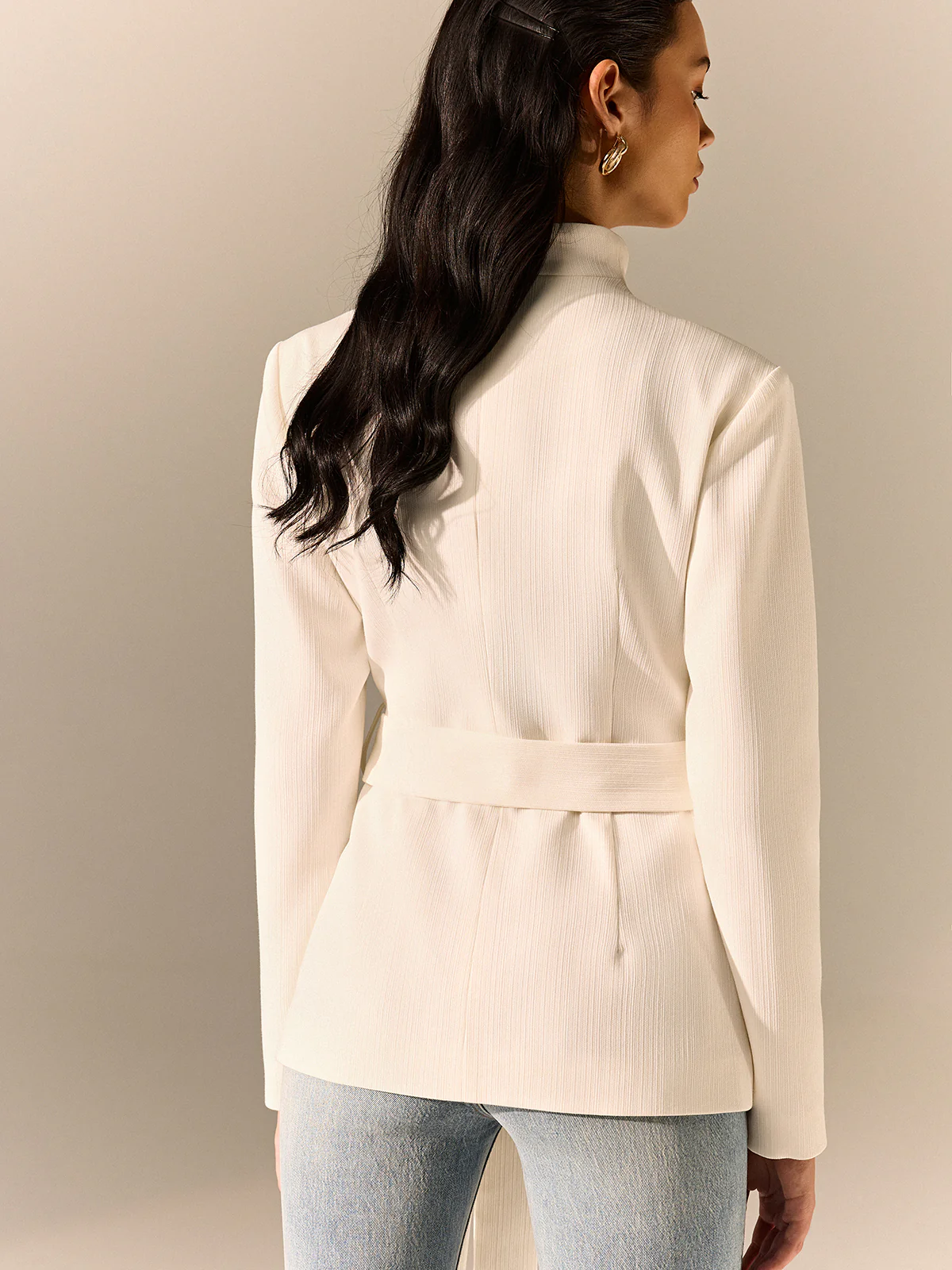 Stand Collar Belted Long Sleeve Blazer - Image 5