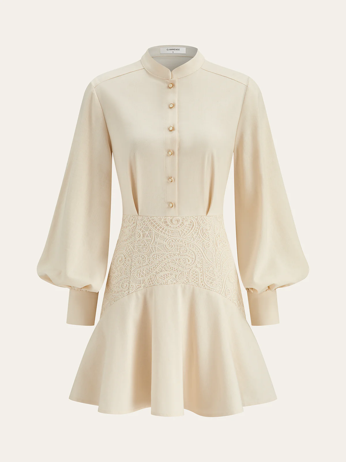 Stand Collar Button Lace Waist Dress