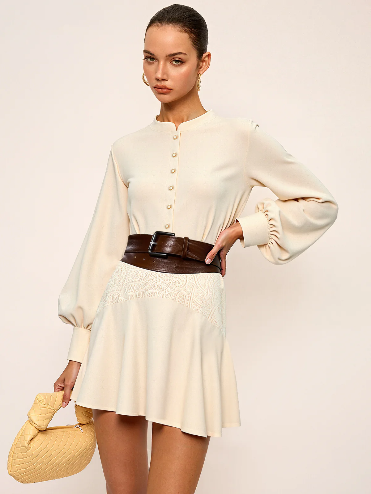 Stand Collar Button Lace Waist Dress - Image 6