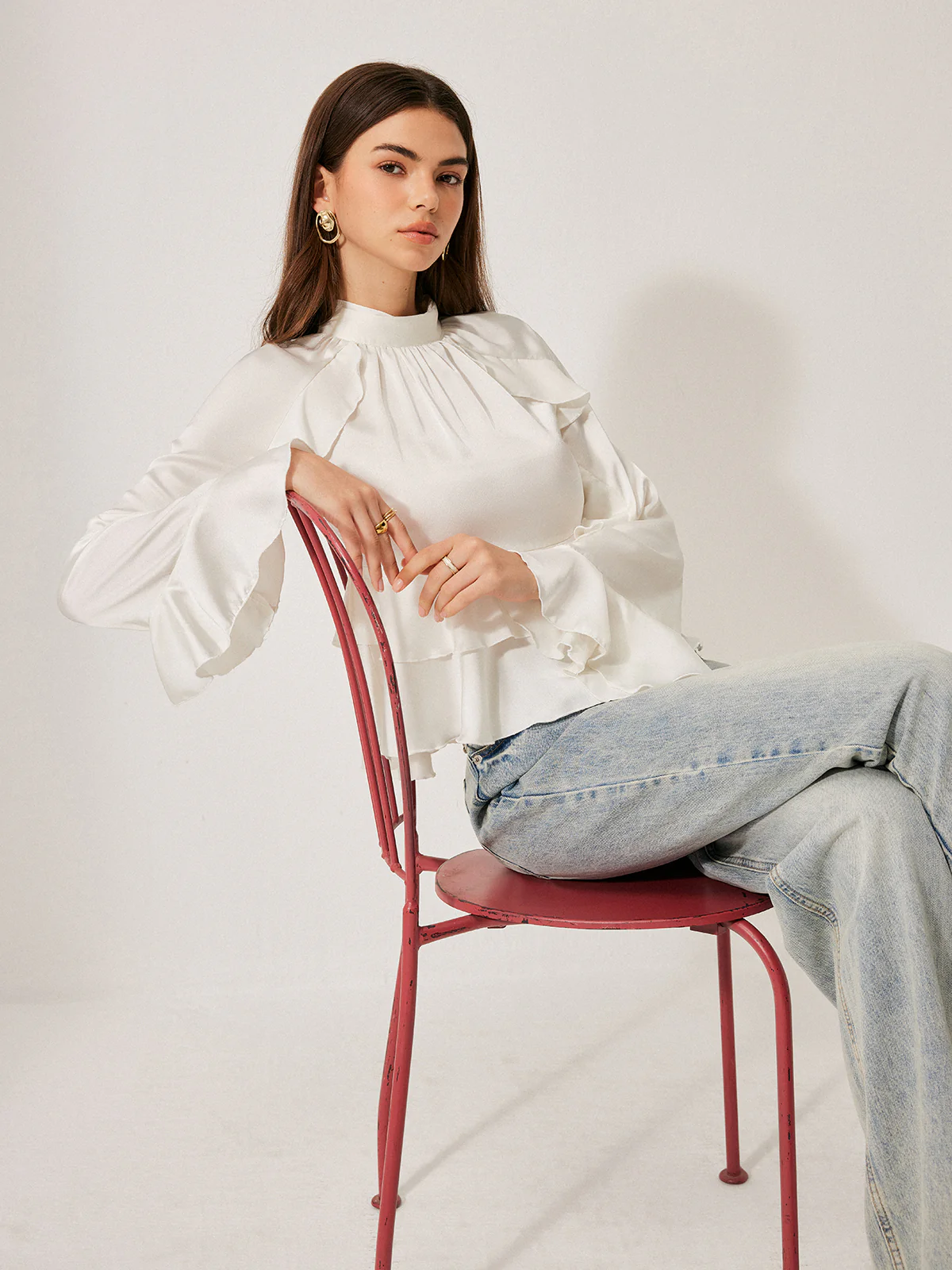 Stand Collar Button Ruffle Peplum Blouse - Image 5
