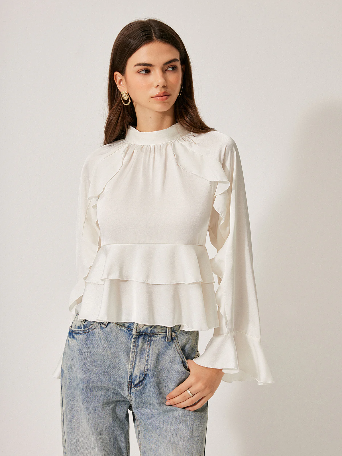 Stand Collar Button Ruffle Peplum Blouse - Image 6