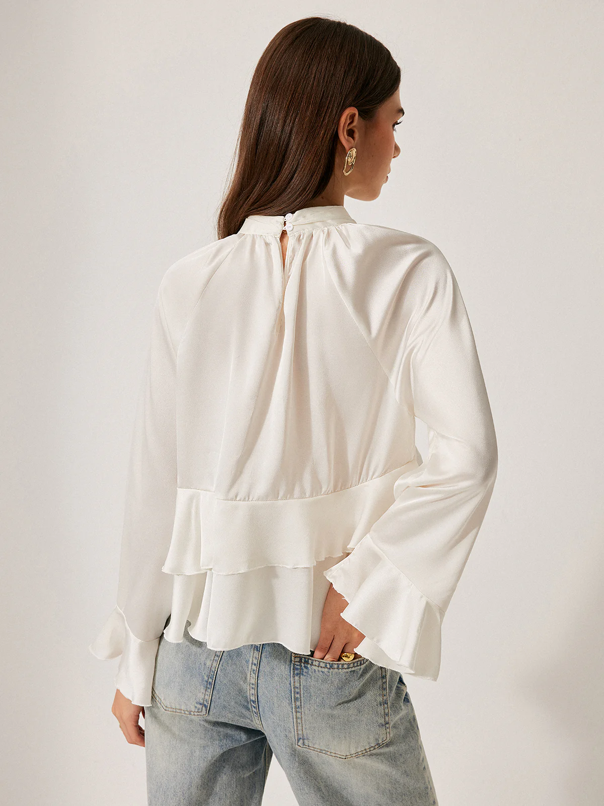 Stand Collar Button Ruffle Peplum Blouse - Image 7