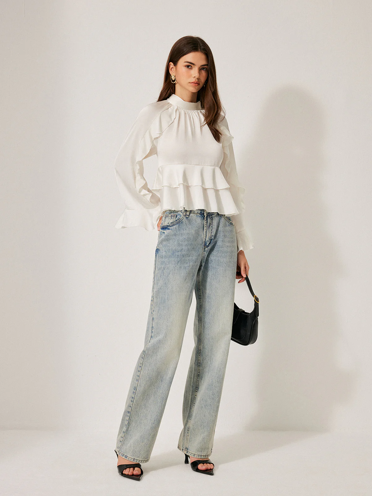 Stand Collar Button Ruffle Peplum Blouse - Image 8