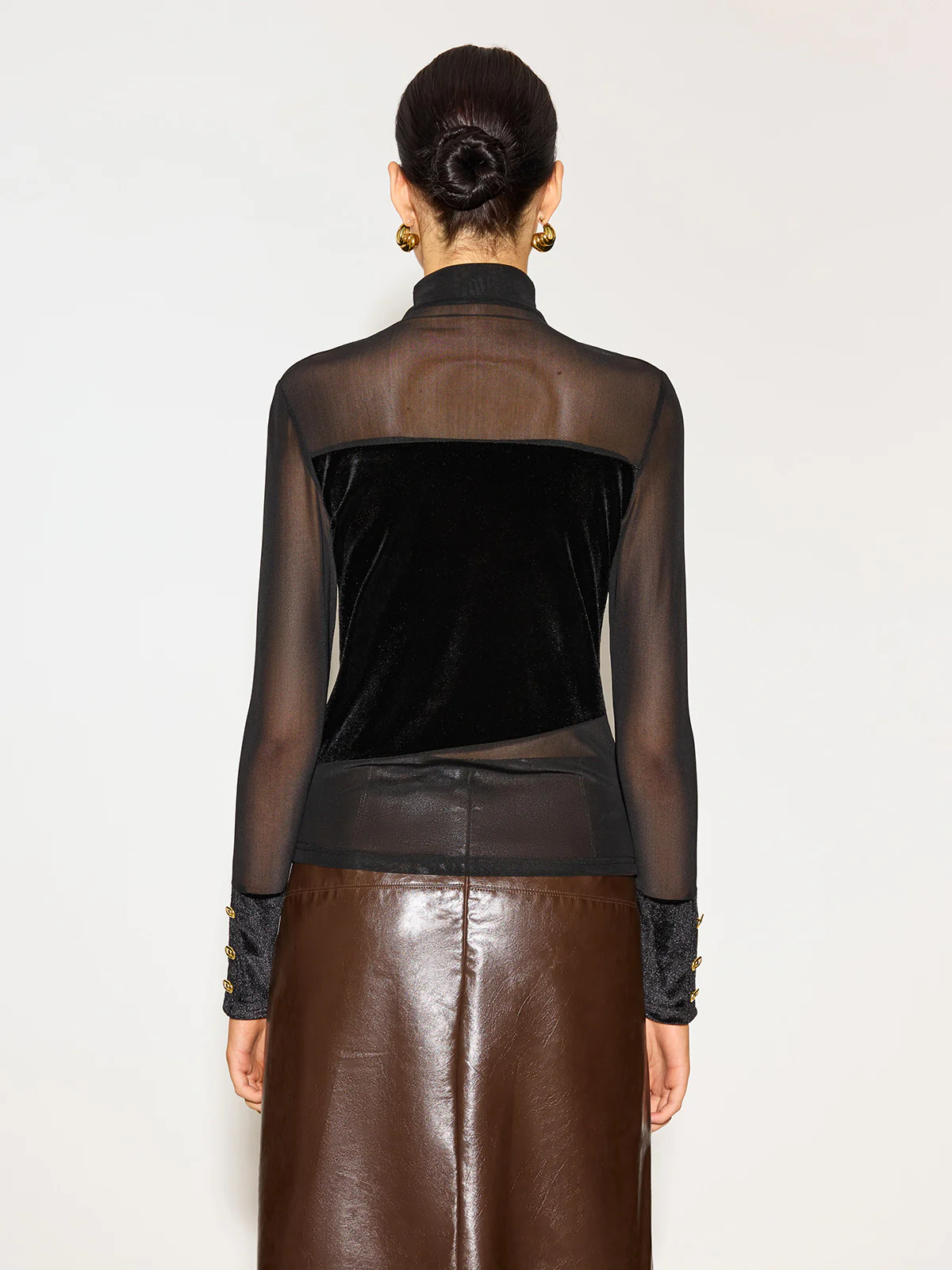 Semi-Sheer Stand Collar Cutout Mesh-Detail Velvet Top - Image 7