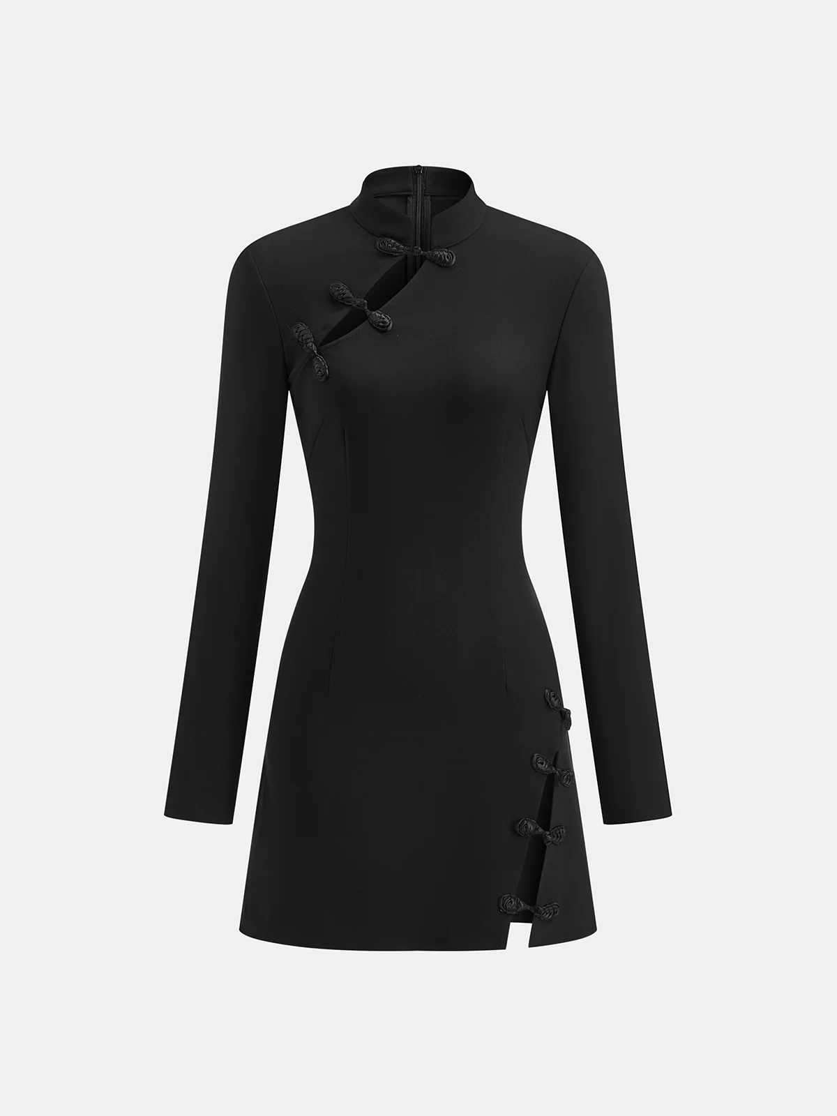 Stand Collar Long Sleeve Knot Button Side Slit Dress - Image 2
