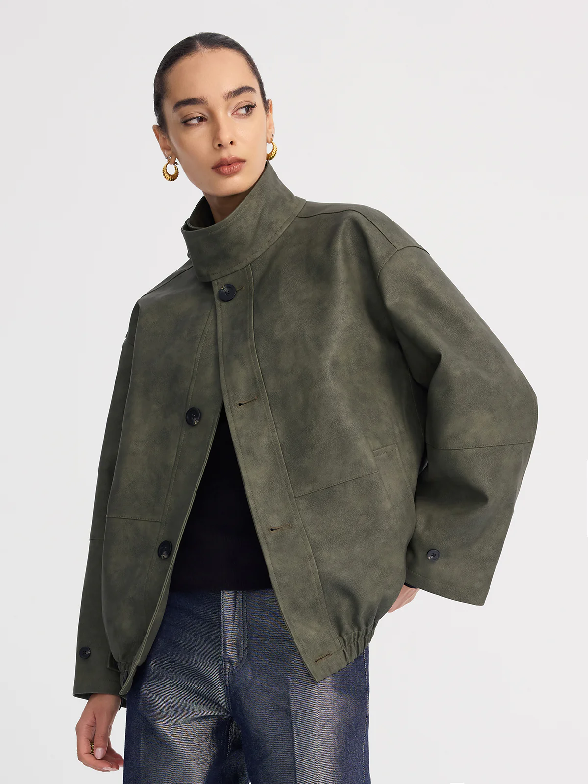 Stand-Collar Oversized Faux Suede Jacket
