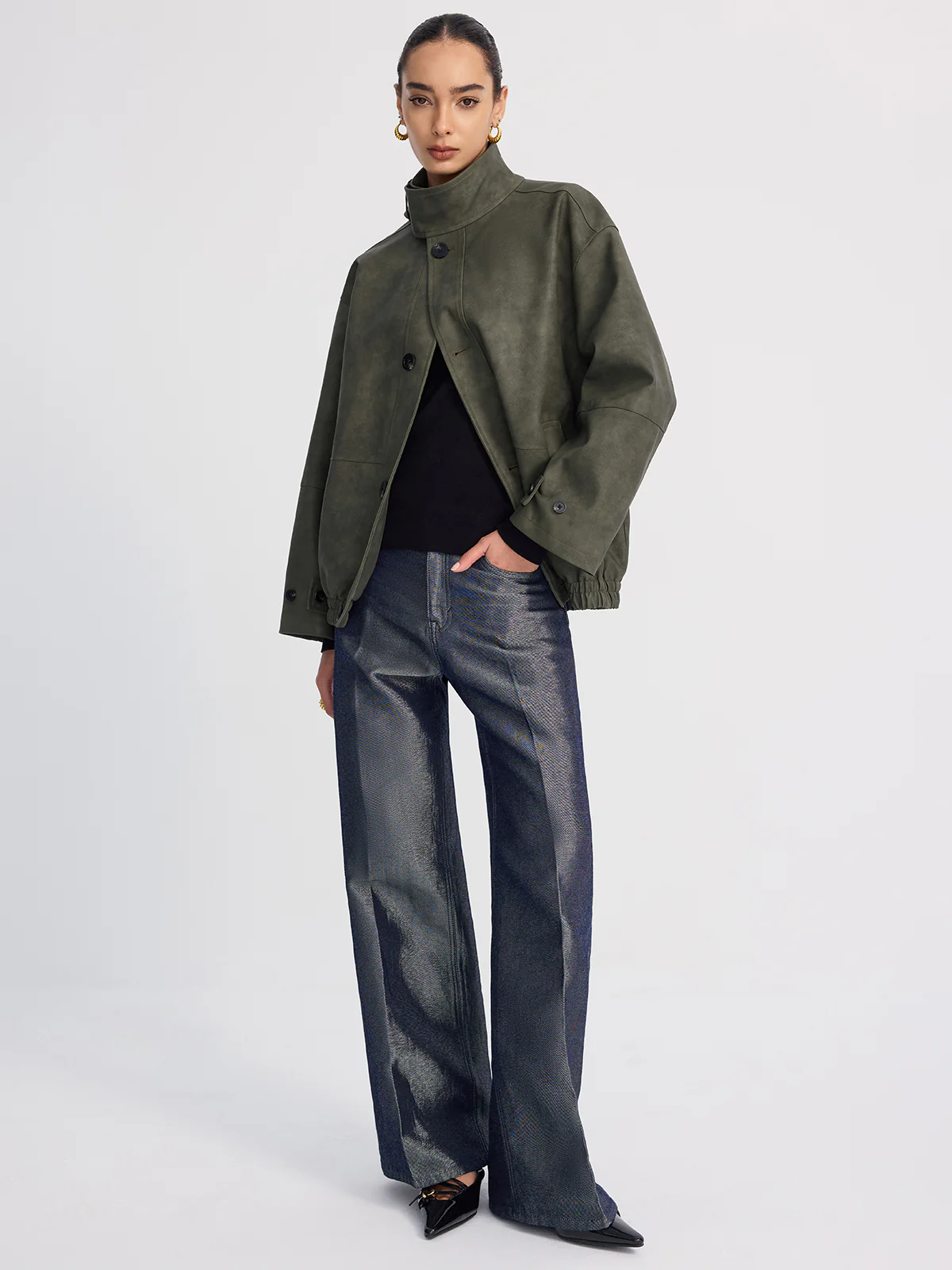 Stand-Collar Oversized Faux Suede Jacket - Image 2