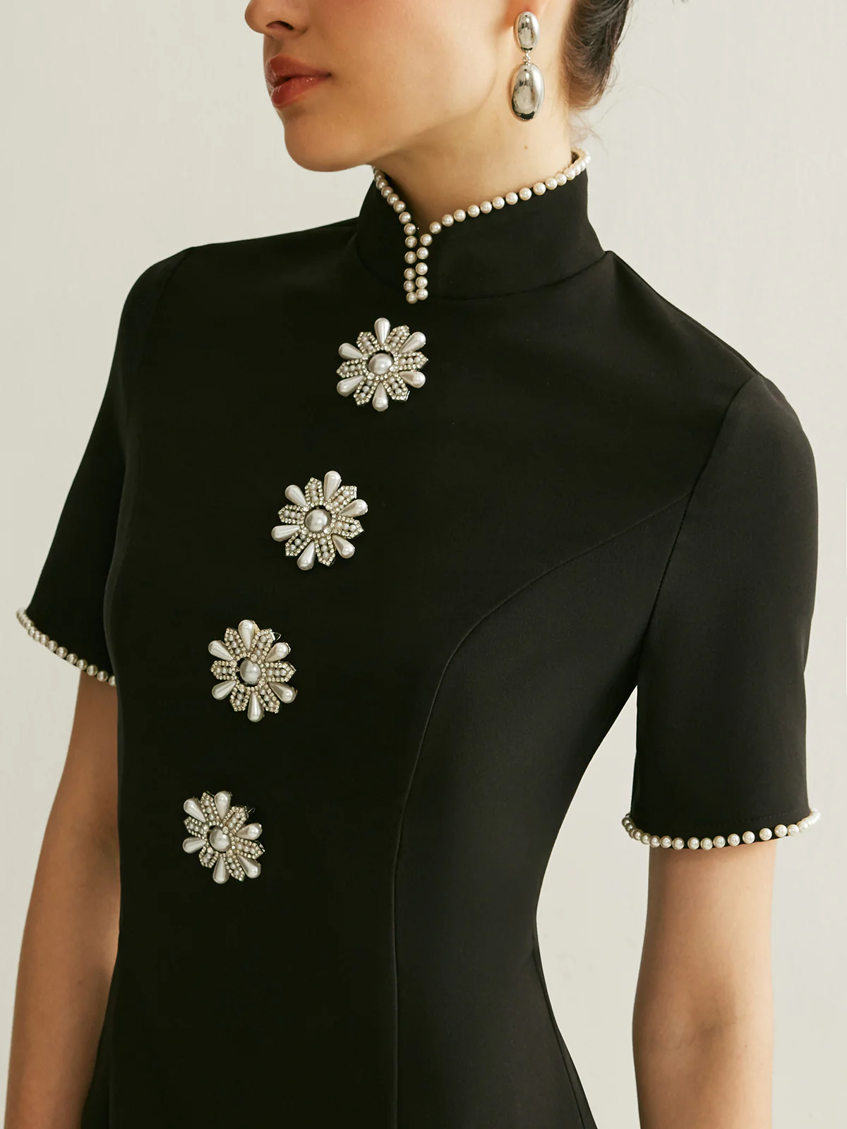 Stand Collar Pearl Trim Dress - Image 3