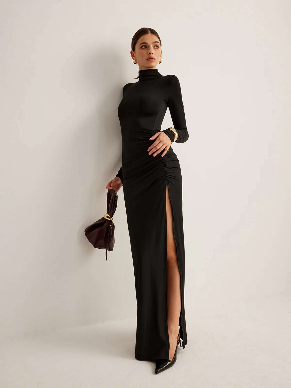 Stand-Collar Pleated Slit Jersey Dress - Image 6