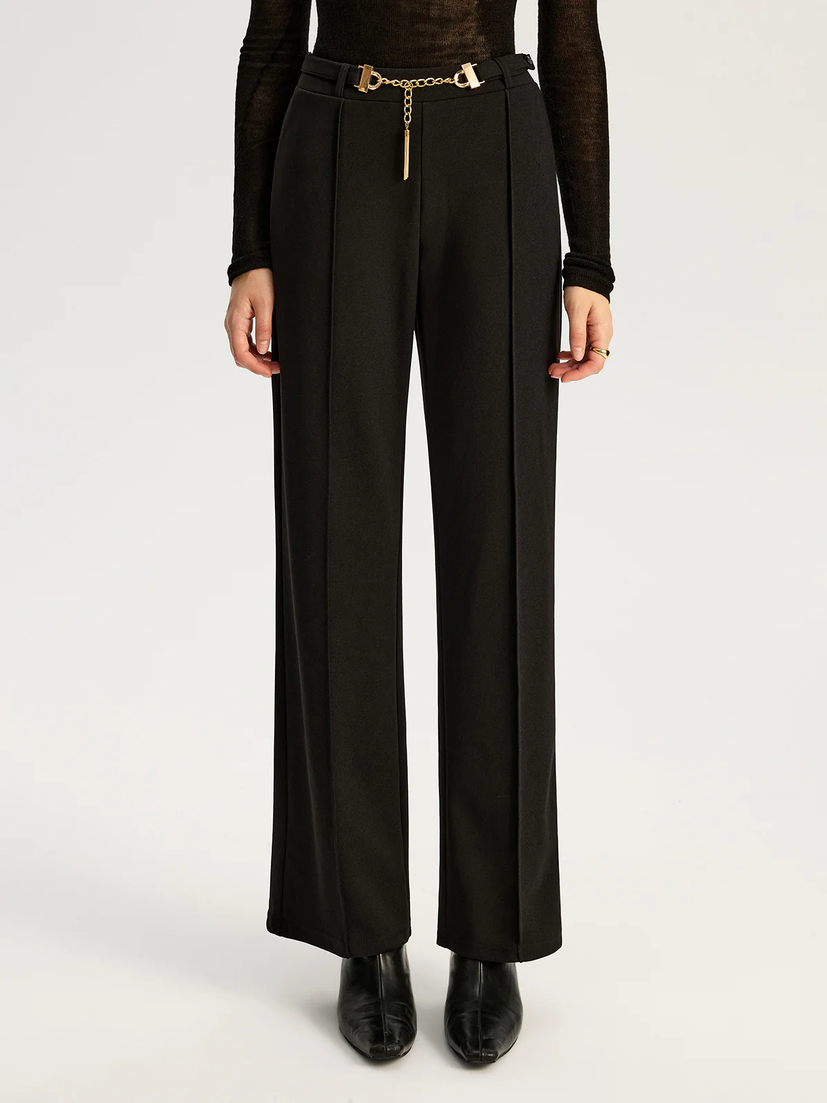 Straight-Leg Pants with Metal Chain Belt