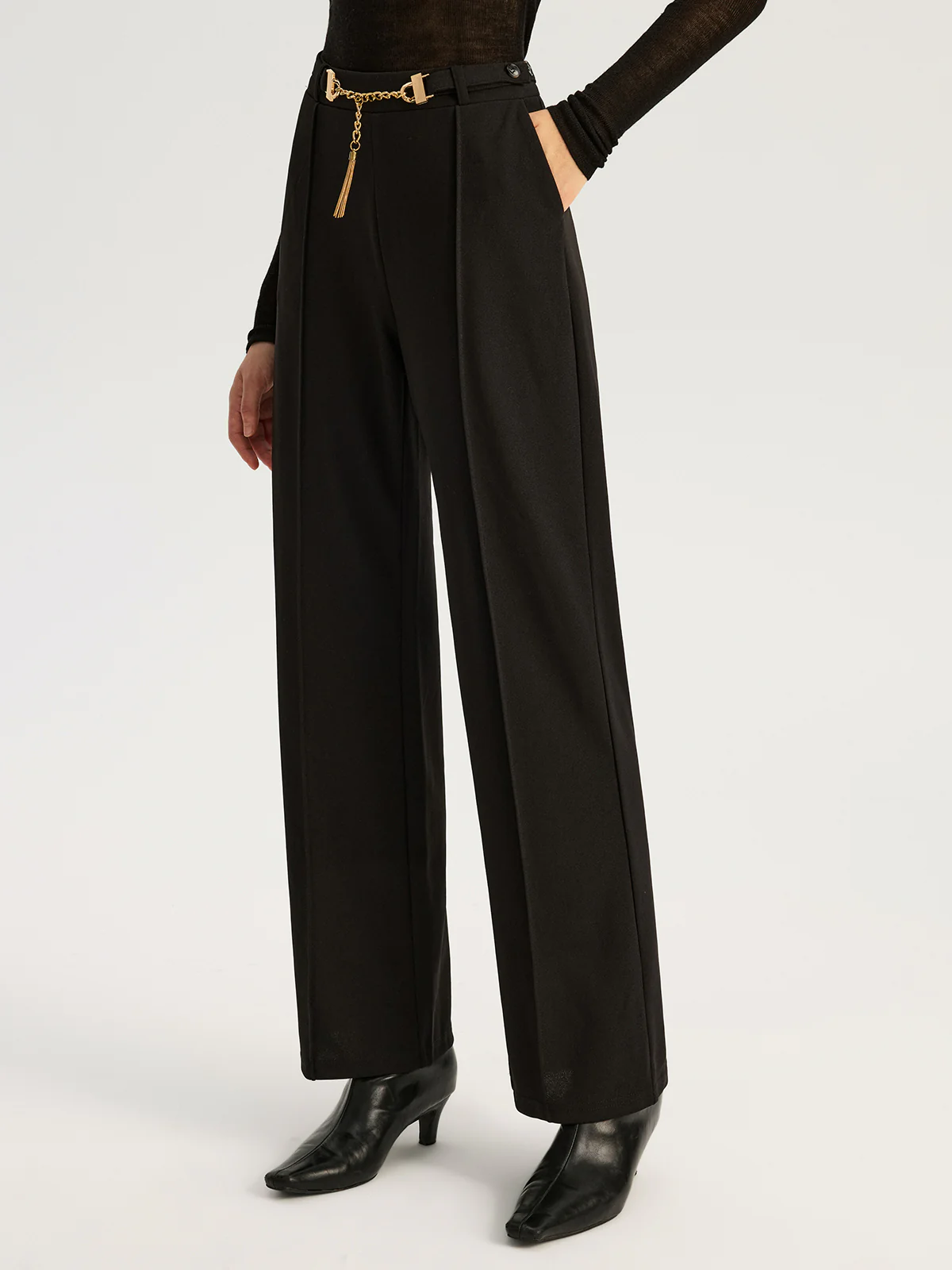 Straight-Leg Pants with Metal Chain Belt - Image 3