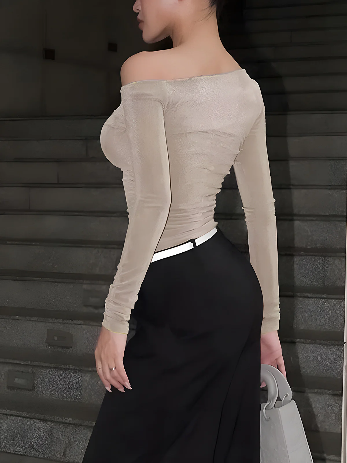 Straight Neck Pleated T-Shirt - Image 2
