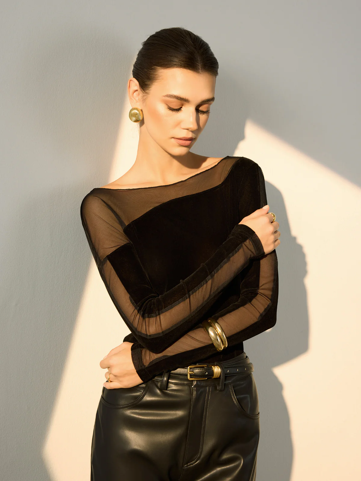 Straight Shoulder Sheer-Detail Slim T-Shirt - Image 5