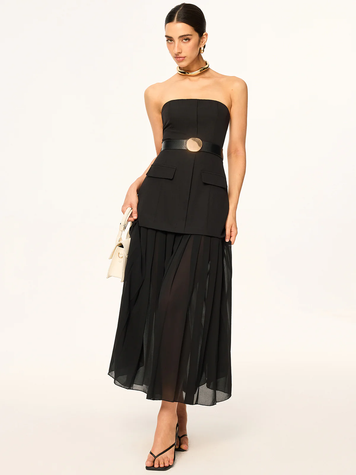 Semi-Sheer Strapless Belted Midi Dress with Chiffon Hem - Image 2