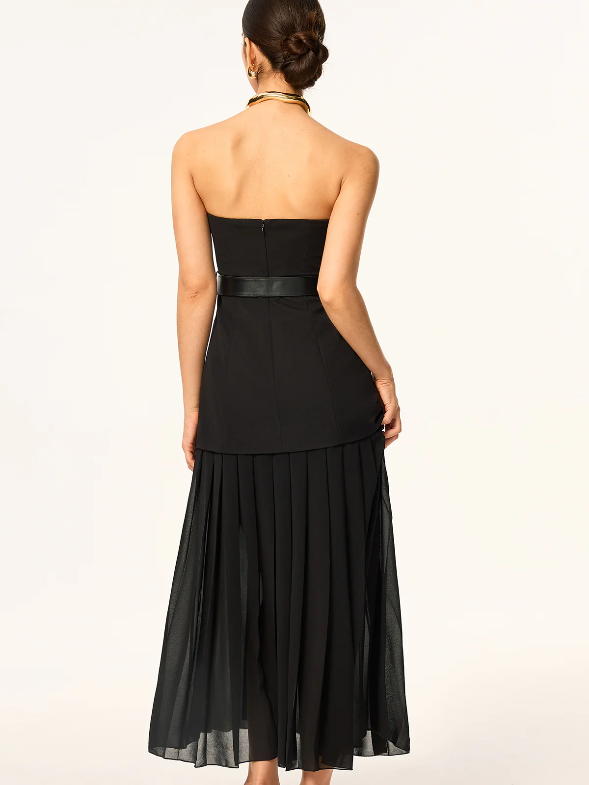 Semi-Sheer Strapless Belted Midi Dress with Chiffon Hem - Image 4